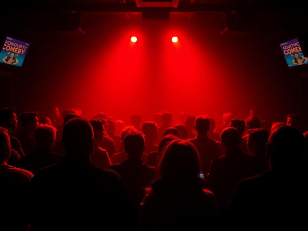 Packed crowd under red stage lights