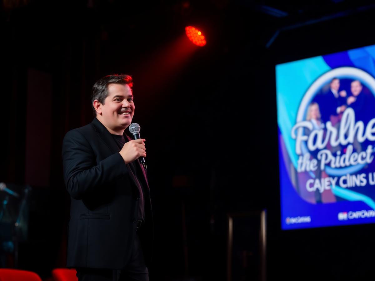 Comedian performing under a red spotlight