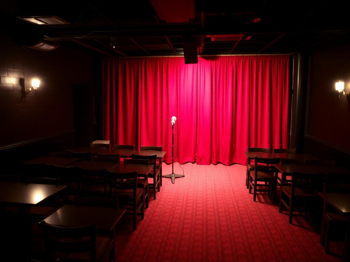 The comedy room with red curtain and microphone
